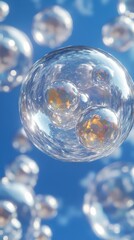 Poster - Close-up view of transparent bubbles floating against a clear blue sky, radiating colorful light reflections.