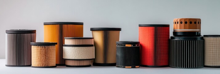 Fototapete - A variety of car oil, air, and fuel filters showcased on a light backdrop, highlighting essential components for engine performance and maintenance. Generative AI