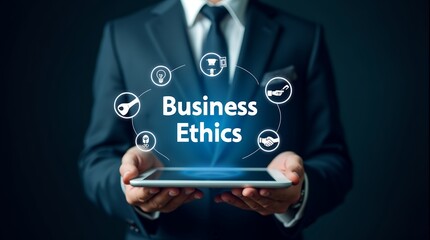 Poster - Illustrative Business Ethics and Corporate Responsibility Concept with Icons Representing Integrity, Accountability, Teamwork, Fair Practices, and Ethical Standards in a Corporate Environment