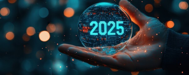Poster - Businessman holding futuristic hologram globe with 2025 digital display