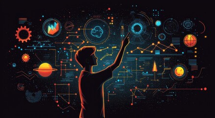 Poster - Innovative businessman interacting with futuristic digital interface