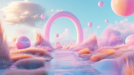 Wall Mural - of a surreal landscape with colorful grasslands, an arch, and floating pastel balls.