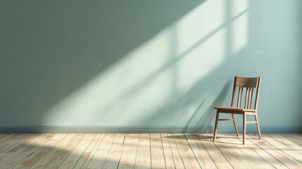 Fototapete - A tranquil room features wooden floors and a solitary chair against a softly lit wall, creating a calm and spacious atmosphere. Generative AI