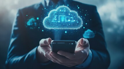 Poster - Technology transformation concept showing businessman holding mobile phone with virtual cloud computing.