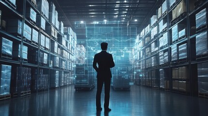 Poster - The businessman stands in front of a large warehouse center, holding a virtual interface panel of global logistics network distribution and transportation, smart logistics, and the future of