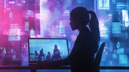 Poster - The concept of remote work, social networking, global business, telecommuting, and telecommunication. A businesswoman with her colleagues or colleagues working remotely.