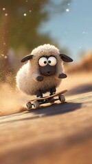 Canvas Print - Cute cartoon sheep skateboarding on a dirt road.