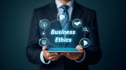 Poster - Comprehensive Business Ethics and Corporate Responsibility Conceptual Image Featuring Icons of Integrity, Accountability, Teamwork, Fair Practices, and Ethical Standards for Professional Usage