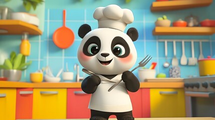 Canvas Print - Cute panda chef in kitchen holding fork and spoon.