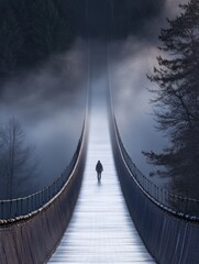 Poster - A lone individual walks on an expansive bridge enveloped in mist during the early morning, creating a sense of solitude and tranquility. Generative AI