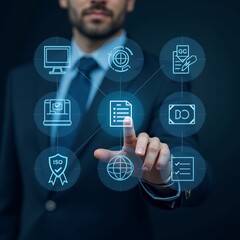 Poster - Businessman Interacting with Virtual Icons Depicting ISO Standards and Quality Assurance Concepts for Modern Business Practices