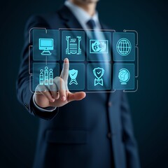 Poster - Businessman Engaging with Virtual Icons Representing ISO Standards and Quality Assurance, Illustrating Innovative Business Technology Concepts