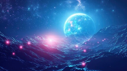 Wall Mural - landscape of a futuristic planet. magic digital futuristic glowing energy particles.