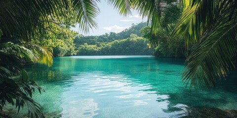 Wall Mural - Tranquil water lagoon surrounded by lush greenery and serene tropical environment.