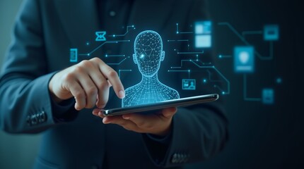 Poster - Engaging with Artificial Intelligence: A Man Interacting with Virtual AI Technology for Instant Answers and Solutions