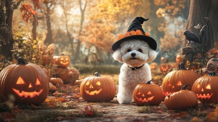 Bichon frise in a black Halloween hat among glowing jack-o'-lanterns in a vibrant autumn park filled with colorful leaves and sunlight.