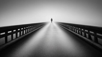 Poster - A lone person walks along a long, deserted bridge enveloped in fog, creating an atmosphere of solitude and reflection. Generative AI