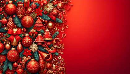 Square banner with gold and red Christmas symbols and text. Christmas tree, balls, golden tinsel confetti and snowflakes on red background. Header for website template