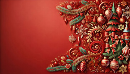 Square banner with gold and red Christmas symbols and text. Christmas tree, balls, golden tinsel confetti and snowflakes on red background. Header for website template