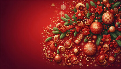 Square banner with gold and red Christmas symbols and text. Christmas tree, balls, golden tinsel confetti and snowflakes on red background. Header for website template