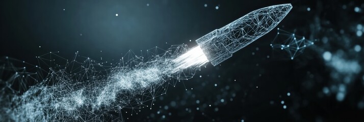 Aufkleber - A polygonal wireframe rocket takes off with a trail of particles, representing breakthroughs in innovation and space exploration. Generative AI
