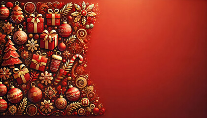 Square banner with gold and red Christmas symbols and text. Christmas tree, balls, golden tinsel confetti and snowflakes on red background. Header for website template
