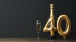 © Seyyar - Champagne bottle with a sparkling glass beside a golden balloon shaped like the number 40, embodying a chic minimalistic anniversary celebration.