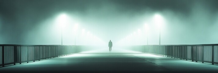 Aufkleber - A lone individual peacefully strolls along a deserted bridge, enveloped in fog, illuminated by soft lights, creating a serene atmosphere. Generative AI
