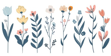 Sticker - Beautiful hand-drawn flowers in various styles and colors, showcasing nature's diversity with blooming plants and delicate petals. Perfect for spring aesthetics.