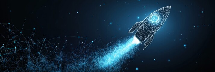 Fototapete - A dynamic polygonal wireframe rocket propels upward, emitting glowing trails as it journeys into the vast expanse of space, symbolizing innovation. Generative AI