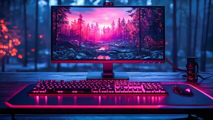 Poster - A powerful desktop computer on a clean desk with a vibrant sunset background on the monitor