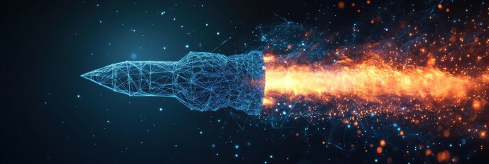 Fototapete - A dynamic rocket launch showcases a polygonal wireframe design surrounded by energetic flames, symbolizing innovation and technology. Generative AI