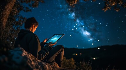 Wall Mural - starry night sky view on tablet