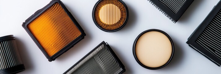 Aufkleber - Car filters such as oil, air, and fuel are displayed on a light background, showcasing their various shapes and sizes. Generative AI