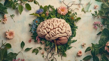 Aufkleber - A human brain is beautifully placed among colorful flowers and lush leaves, creating a striking contrast against the soft backdrop. Generative AI