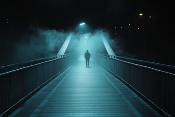 Aufkleber - A solitary figure walks across a long, empty bridge at night shrouded in mist, illuminated by overhead lights, creating a mysterious atmosphere. Generative AI