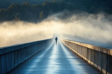Aufkleber - A lone individual makes their way across a long, mist-covered bridge in the early morning, enveloped by tranquil nature. Generative AI