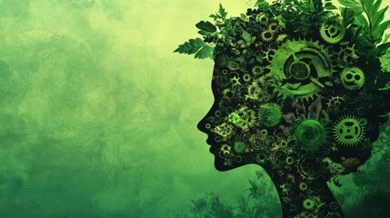 Aufkleber - Woman s profile silhouette filled with gears and plants, green background, blending nature and technology A symbolic representation of creativity and innovation