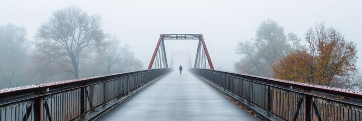 Poster - A lone person strolls on a long, deserted bridge surrounded by misty trees during a quiet morning. The atmosphere feels serene and contemplative. Generative AI