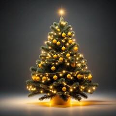 Wall Mural - Christmas tree with yellow Christmas lights and ornaments isolated on dark color background 