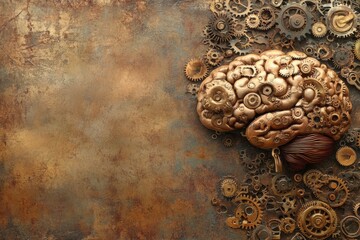 Aufkleber - A detailed brain sculpture is illustrated alongside various clockwork gears, blending science and art in an imaginative setting. Generative AI
