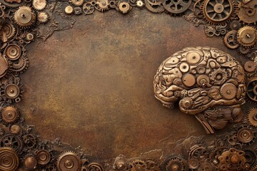Aufkleber - A bronze brain sculpture rests beside intricate gears on a textured surface, representing the union of intellect and machinery. Generative AI