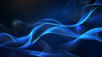 Poster - Glowing blue ribbons ripple and curve across a deep blue canvas