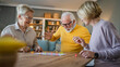 © Miljan Živković - Group of people senior man and women play leisure board game at home