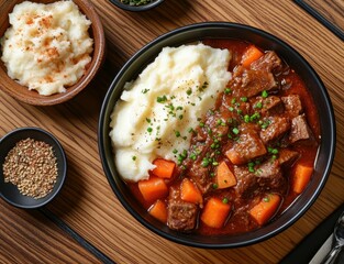 Wall Mural - Beef and carrot goulash with mashed potatoes above a wooden table