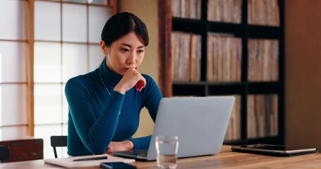 Wall Mural - Japanese, businesswoman and thinking with laptop for online article, editing and research information. Freelancer, editor and remote work with typing for solution, blog review or copywriting in house