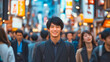 © Paolo - An oriental man exudes joy as he stands among a lively crowd in an urban area.