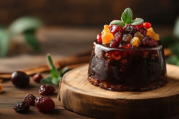 Wall Mural - Classic fruitcake with dried fruits on a wooden board blank space