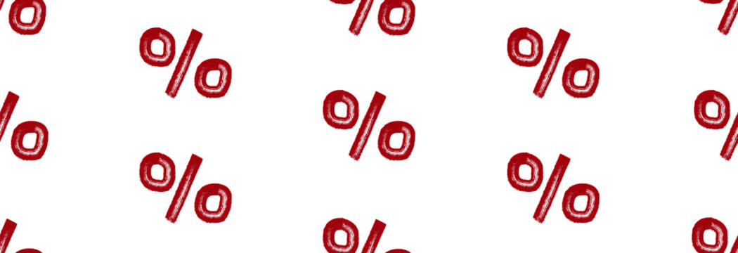 White pattern with red icons of percentages, promotions and discounts. Business, financial, sale, discount, benefit, concept. Seamless pattern.