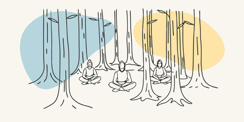 Poster - Tranquil Forest Surrounded by tall trees a circle of meditators sits on the forest floor each with distinct auras. The hues range from a calming turquoise to a rich magenta